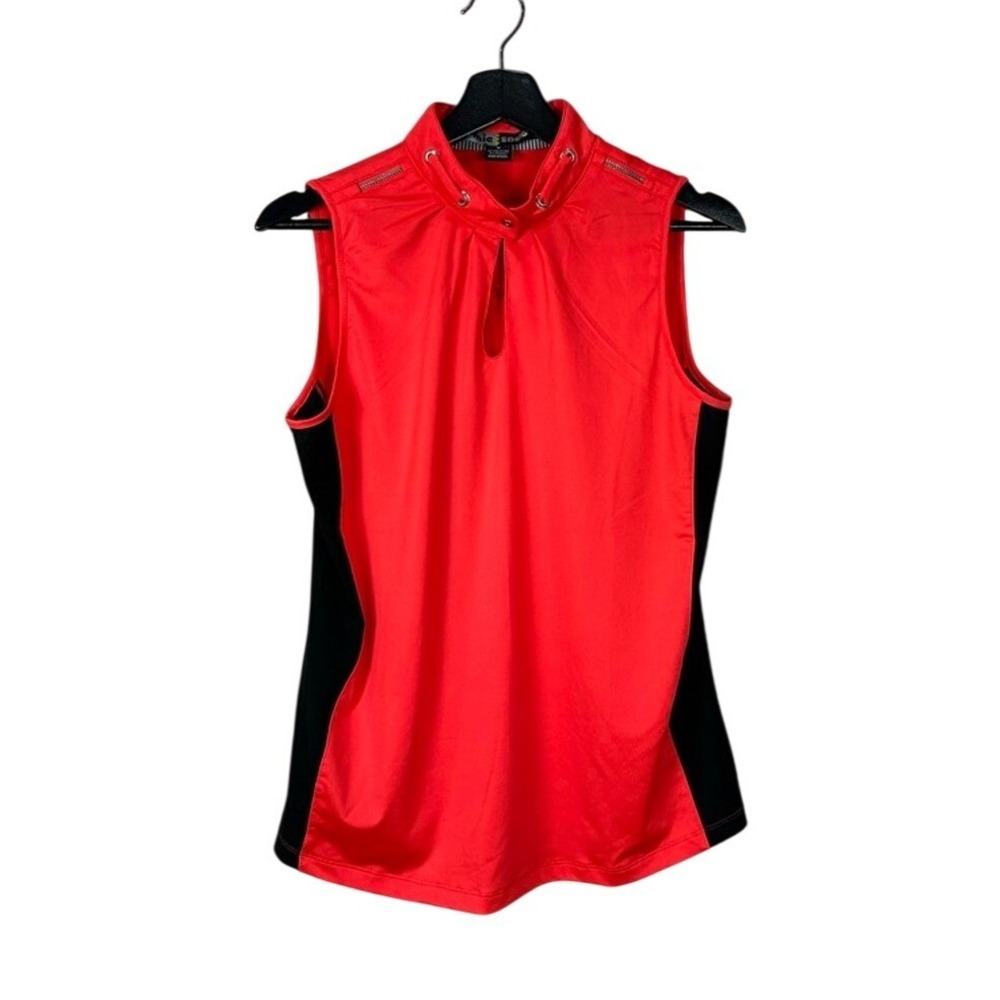 Jamie Sadock Womens Red‎ Black Sleeveless Mock Neck Keyhole Golf Polo Shirt M